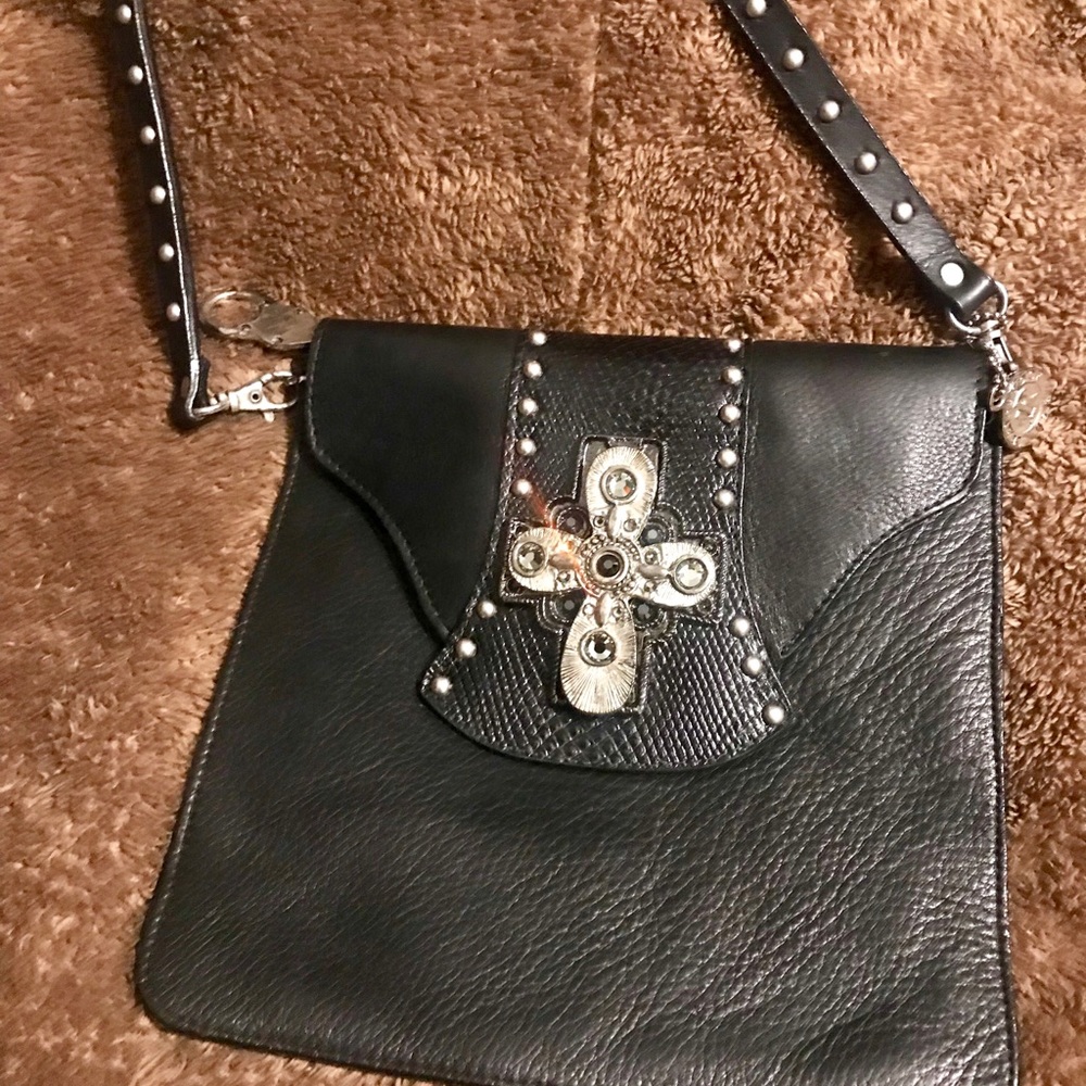 Leather rock USA black leather Crystal Cross bag